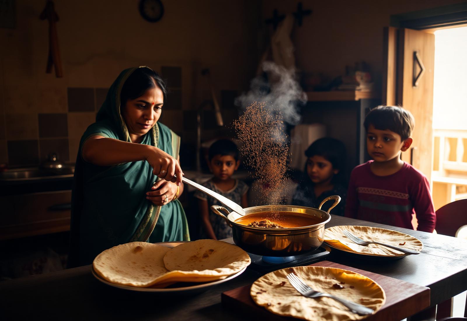 Indian mother sprinkling Fungura mushroom powder into dal for her family