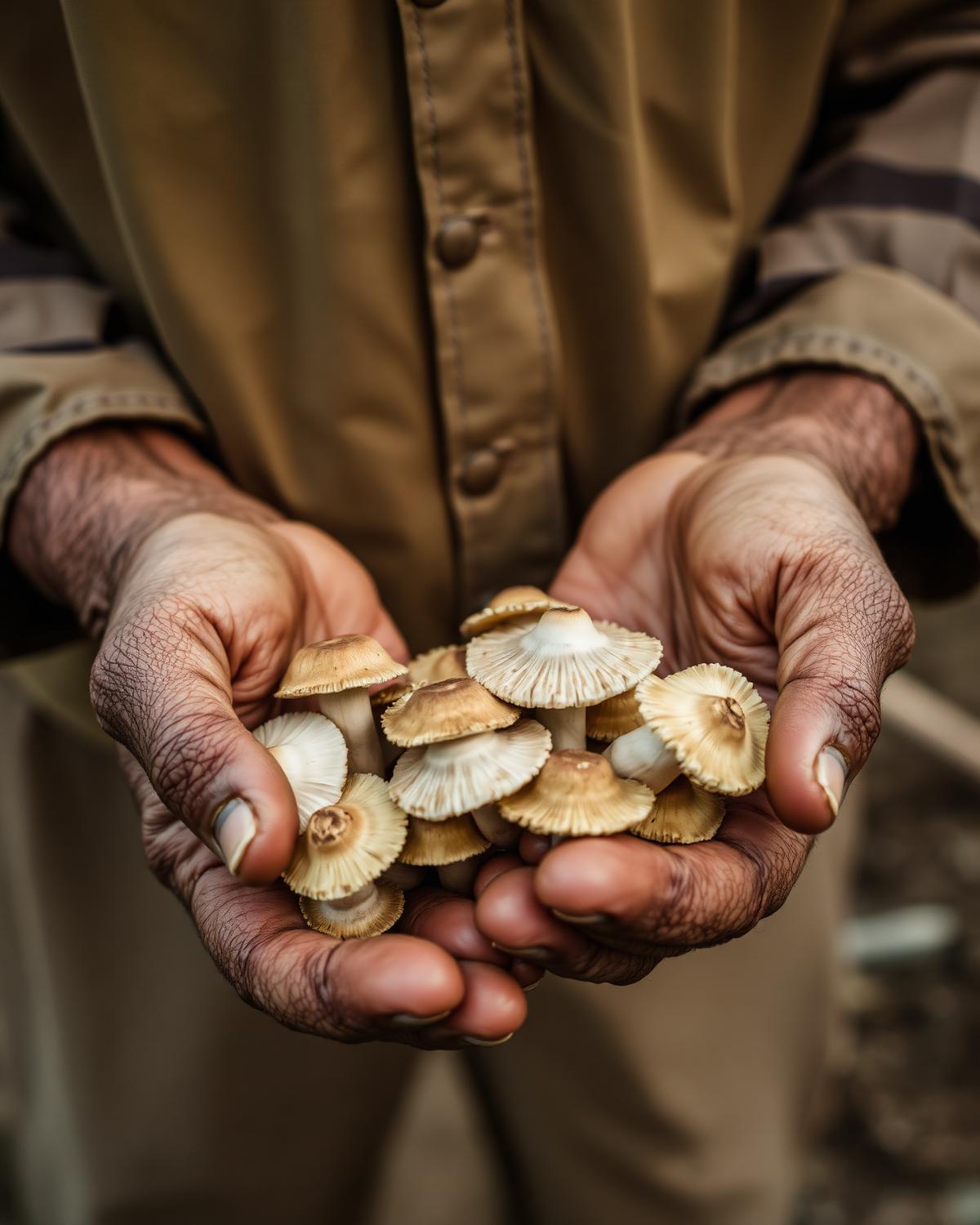 Farmer's hands cradling freshly picked oyster mushrooms